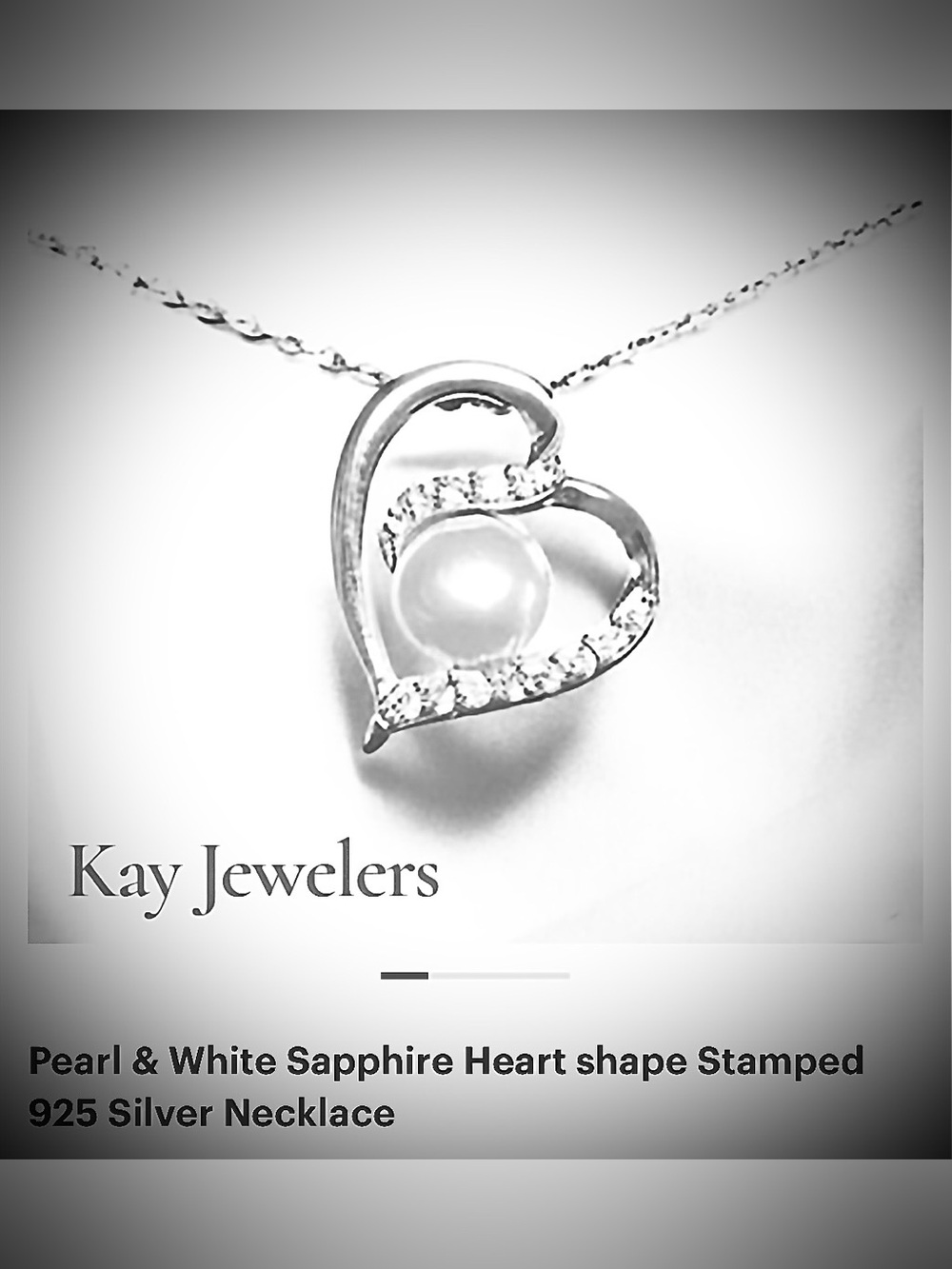Kay Jewelers Silver Heart Pendant with White Pearl & white sapphires NIB